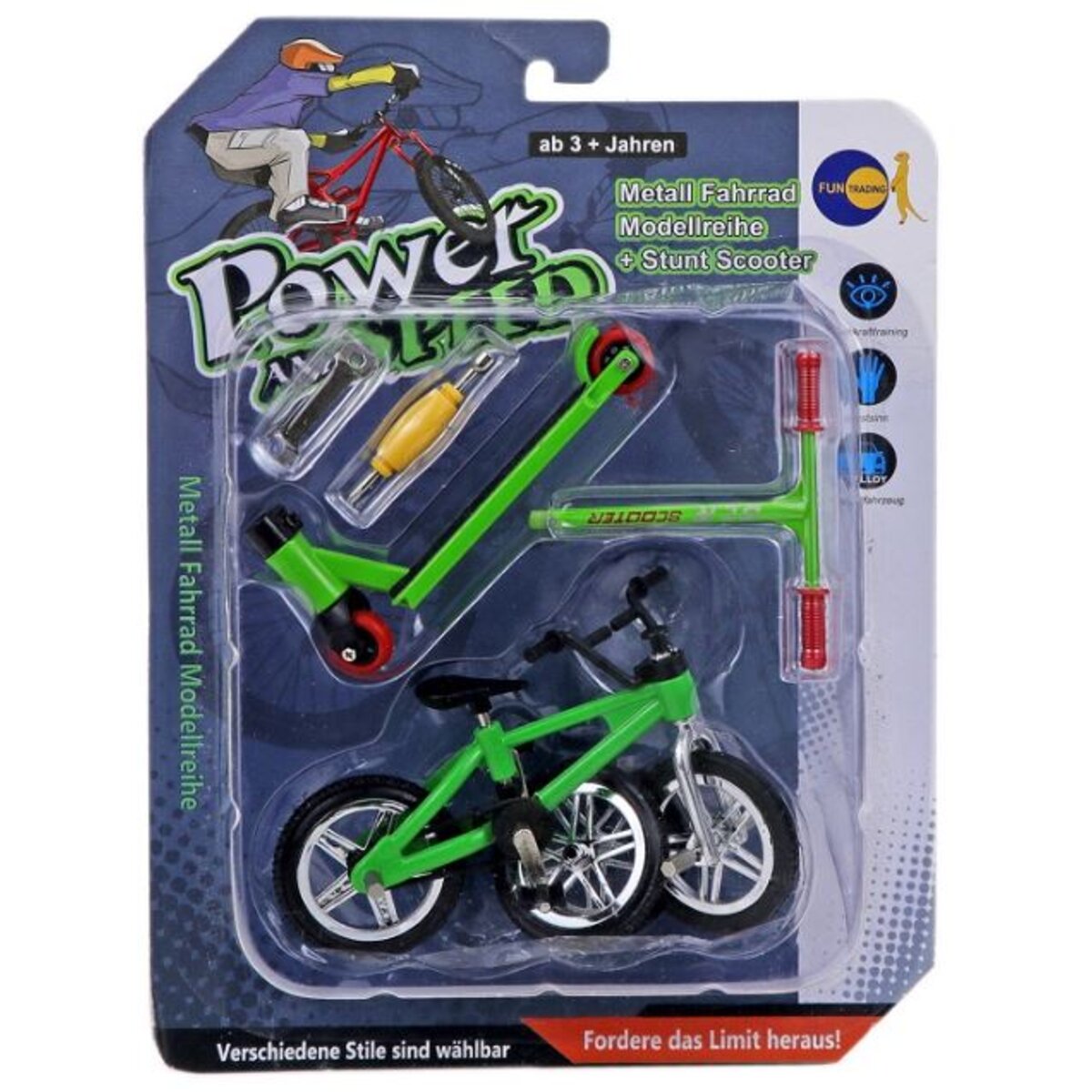 Fun Trading Fingerbike mit Stunt Scooter rot, grün oder blau, 1 Stück, 3-fach sortiert