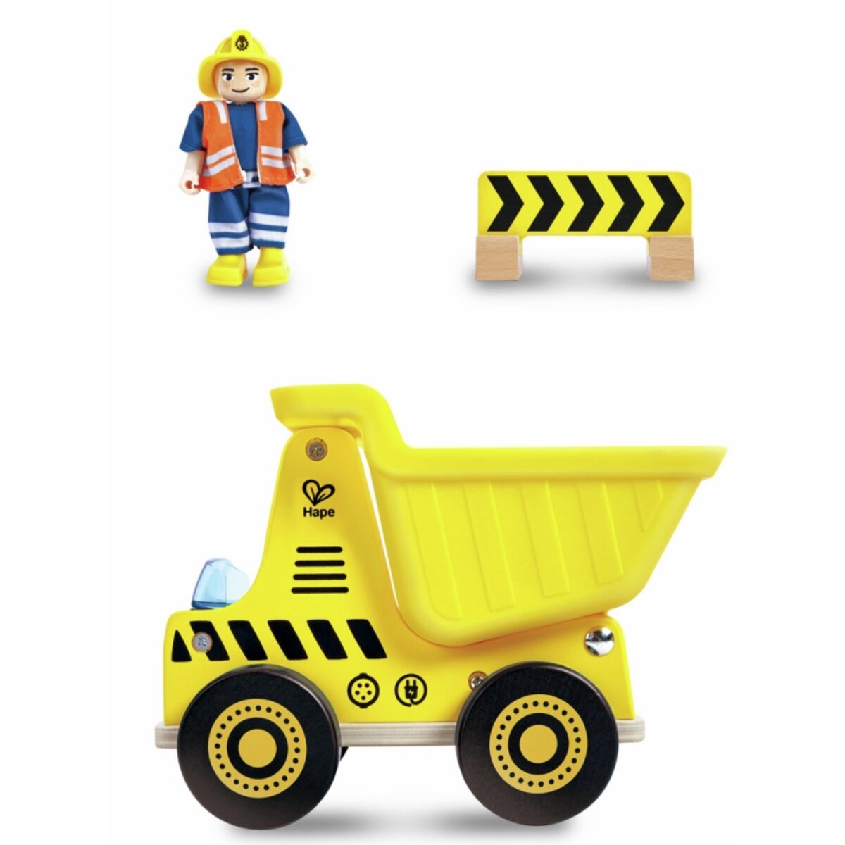 Hape Baumaschine Kipplaster mit Holzfigur und Straßensperre
