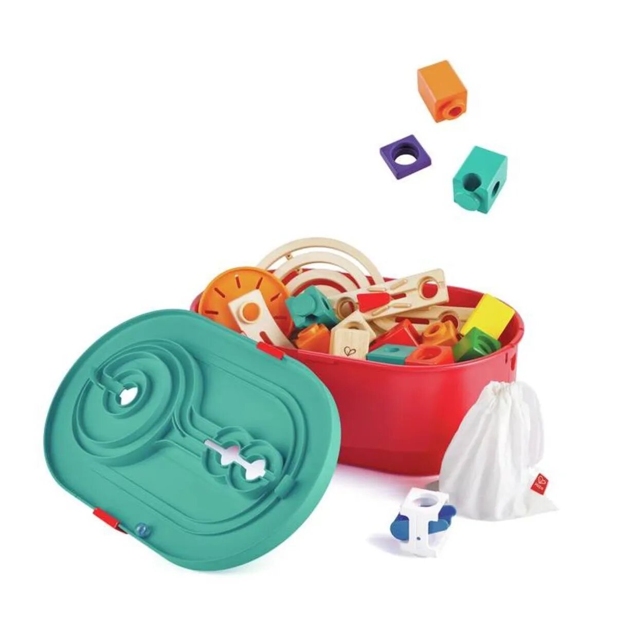 Hape Quadrilla Baukasten Behälter-Set, Murmelbahn mit Vorratsbehälter