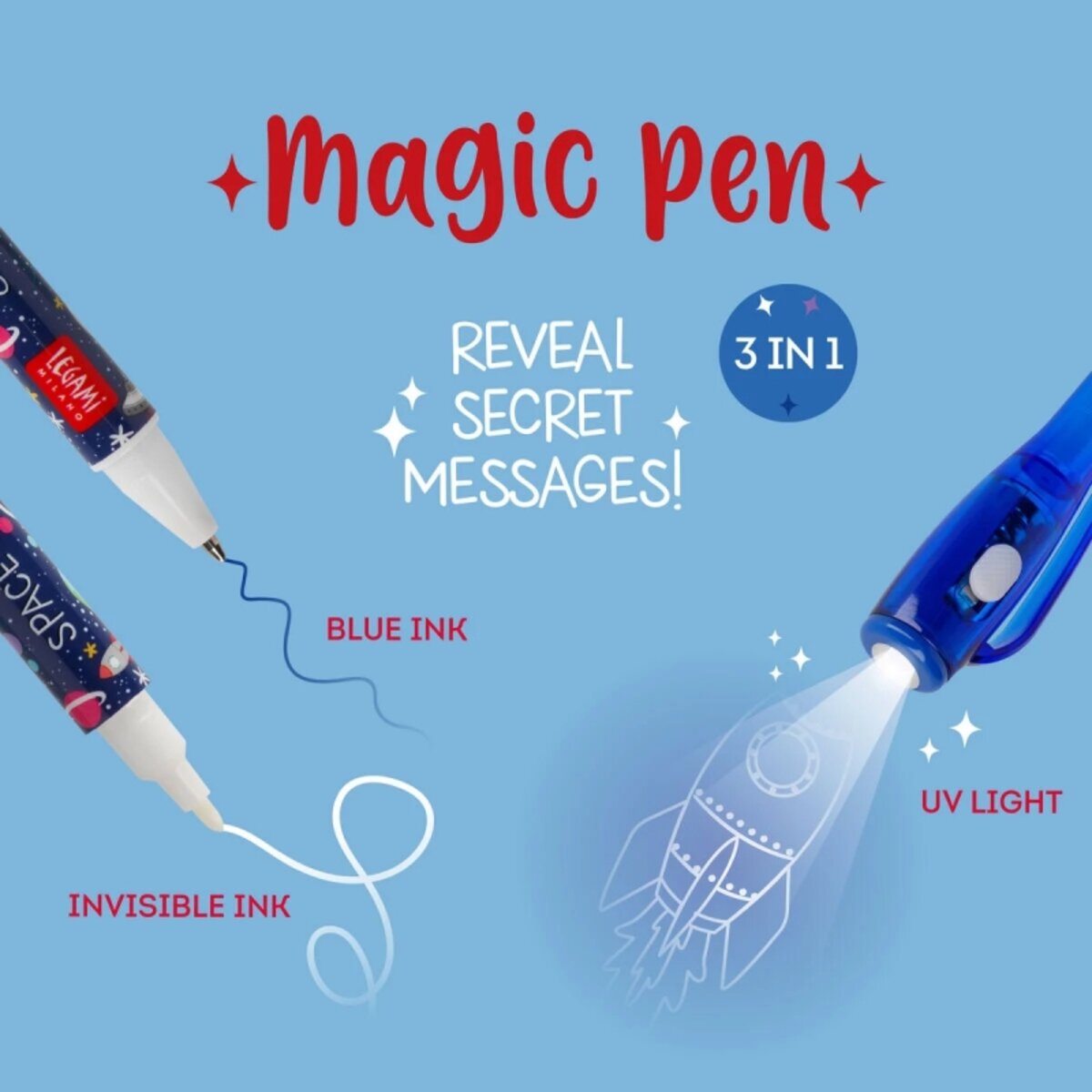 Legami Stift mit blauer und unsichtbarer Tinte Magic Pen Weltall Space Explorer