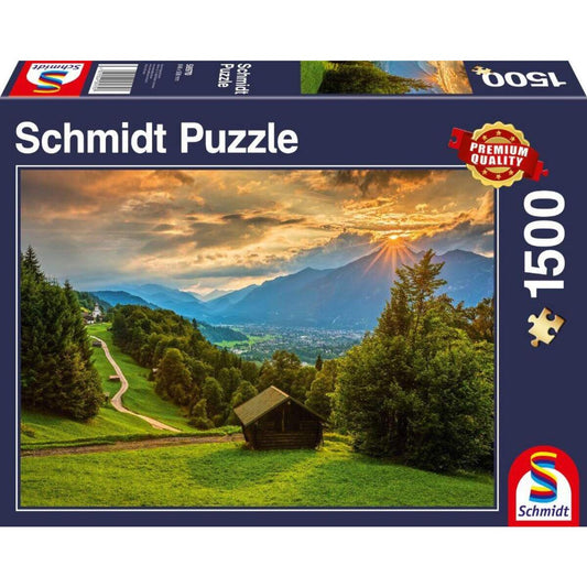 Schmidt Spiele Puzzle - Sonnenuntergang über dem Bergdorf Wamberg, 1500 Teile