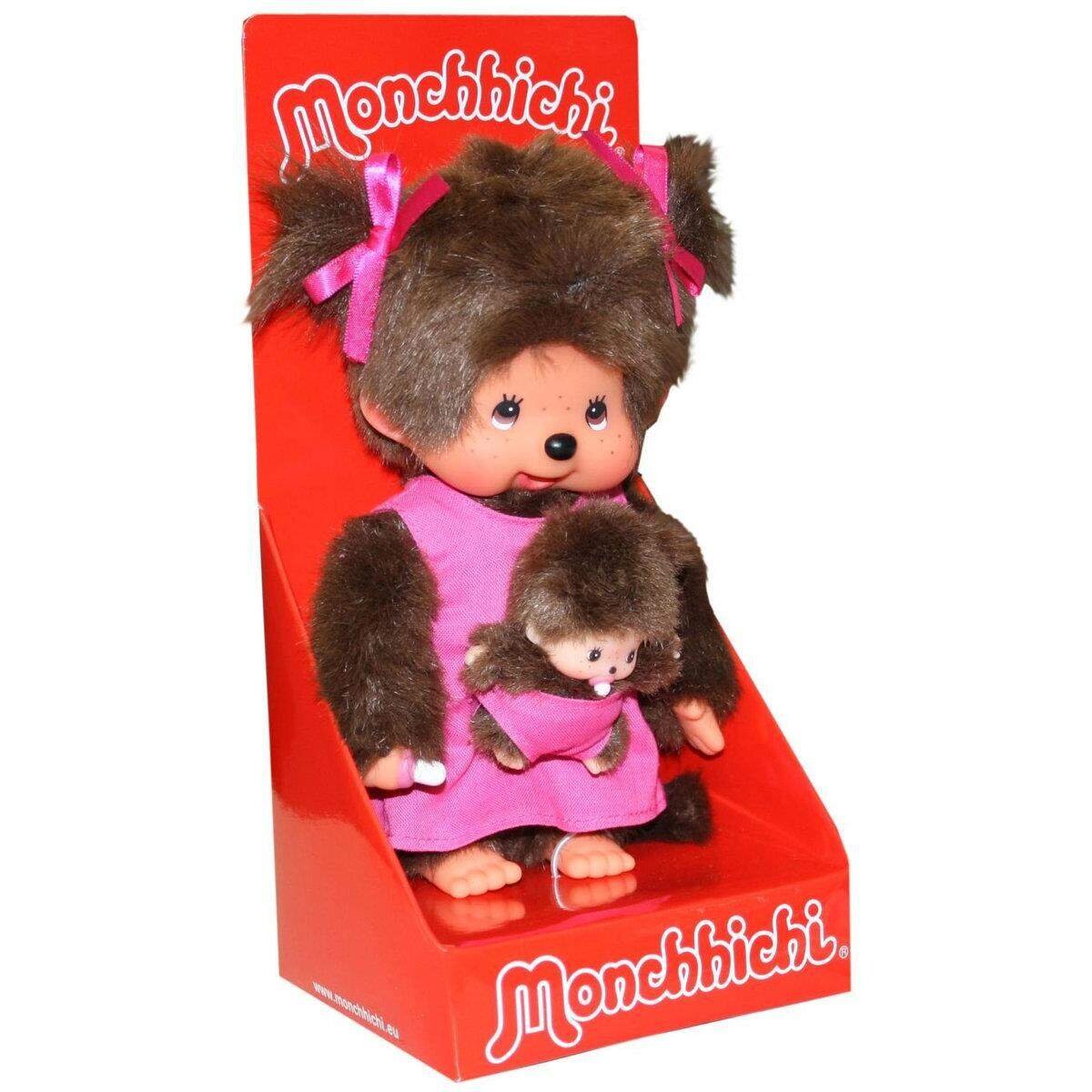 Sekiguchi Monchhichi Mutter mit Baby im pinken Kleidchen