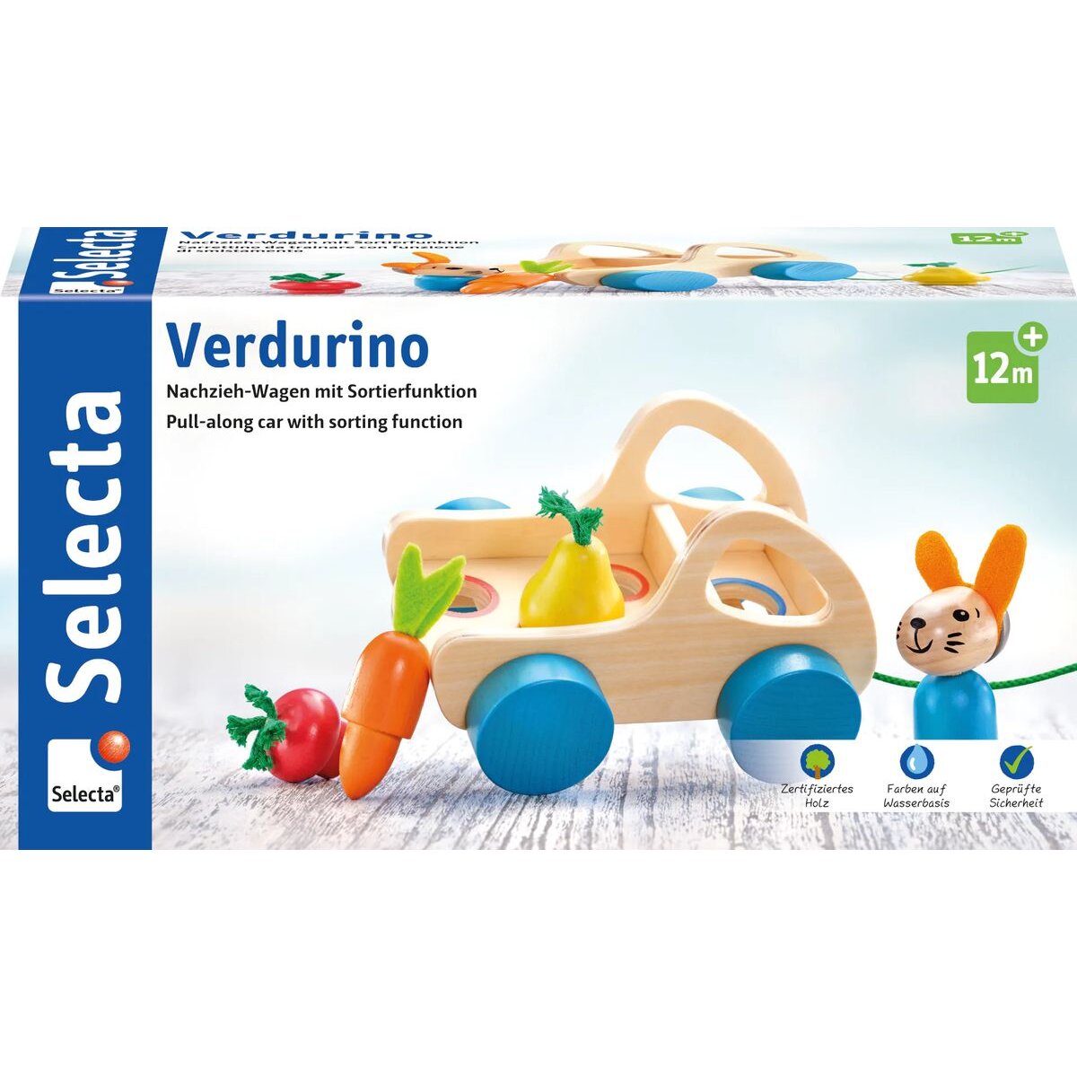 Selecta Verdurino, Obst und Gemüsewagen, Nachzieh- und Sortierspielzeug