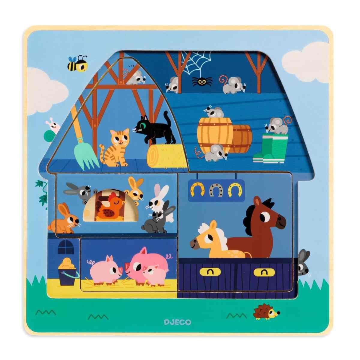 Djeco Schichtpuzzle: Chez Moo, 12 Teile