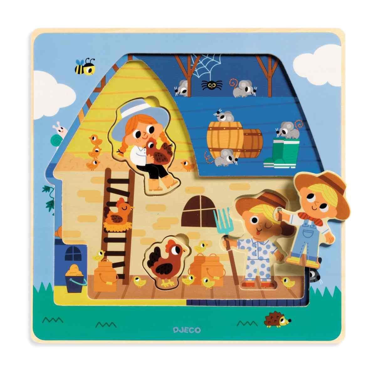 Djeco Schichtpuzzle: Chez Moo, 12 Teile