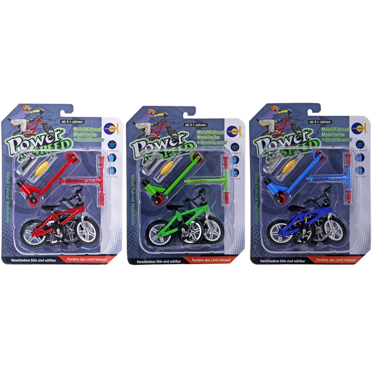 Fun Trading Fingerbike mit Stunt Scooter rot, grün oder blau, 1 Stück, 3-fach sortiert