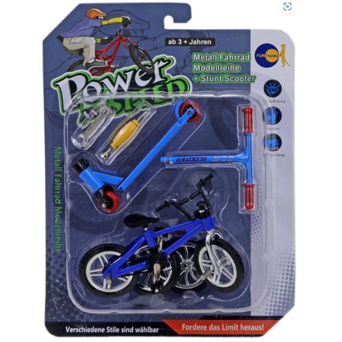 Fun Trading Fingerbike mit Stunt Scooter rot, grün oder blau, 1 Stück, 3-fach sortiert