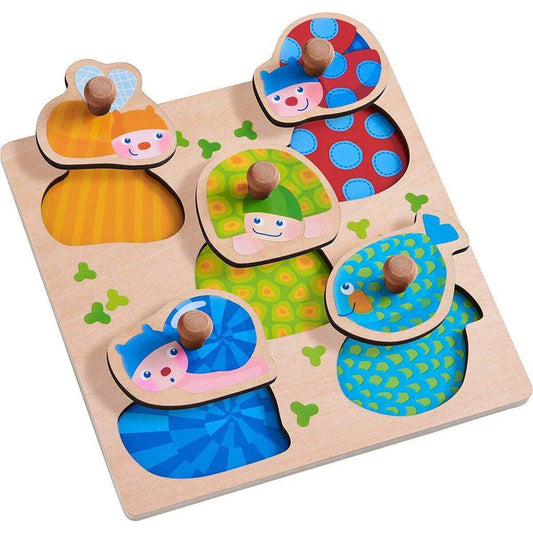 HABA 304589 Greifpuzzle Bunte Tiere, 5-teiliges Holzpuzzle mit Tiermotiven