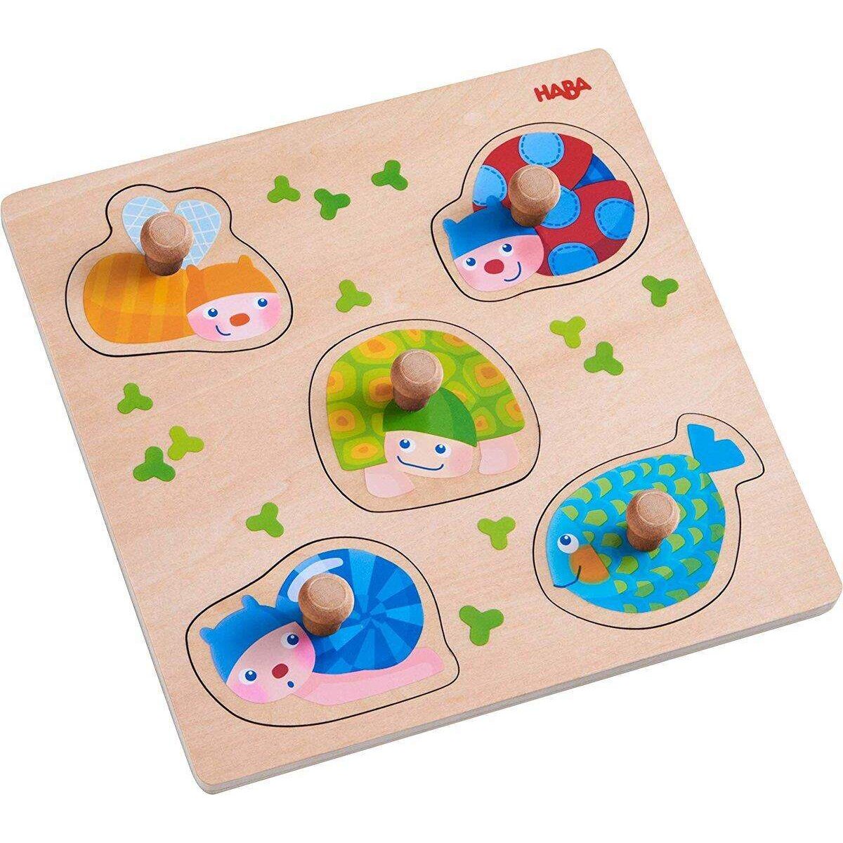 HABA 304589 Greifpuzzle Bunte Tiere, 5-teiliges Holzpuzzle mit Tiermotiven