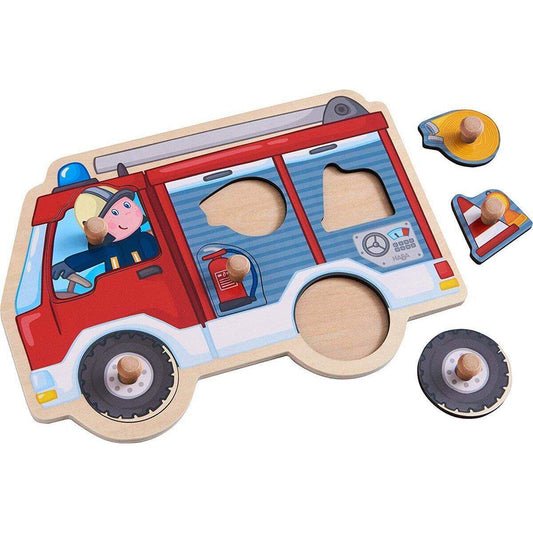 HABA 304594 Greifpuzzle Feuerwehrauto, 6-teiliges Holzpuzzle mit Feuerwehrwagen
