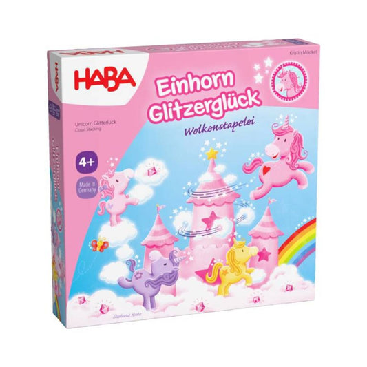 HABA Einhorn Glitzerglück Wolkenstapelei 5 Einhörner und 10 Wolken aus Holz