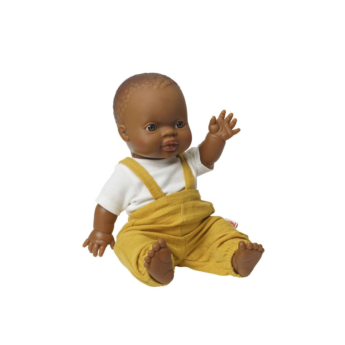 Heless Puppen-Latzhose aus 100 % Bio-Baumwolle, honiggelb, mit weißem T-Shirt, 2-teilig, Gr. 28-35 cm