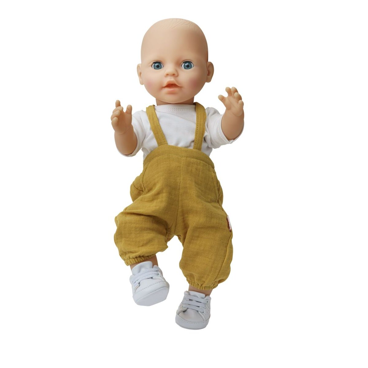 Heless Puppen-Latzhose aus 100 % Bio-Baumwolle, honiggelb, mit weißem T-Shirt, 2-teilig, Gr. 28-35 cm
