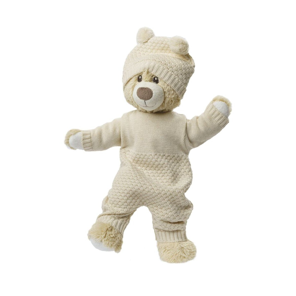 Heless Puppen-Strickset mit Bommelmütze und Strickschuhen aus 100 % Bio-Baumwolle, ecru, 2-teilig, Gr. 28-35 cm