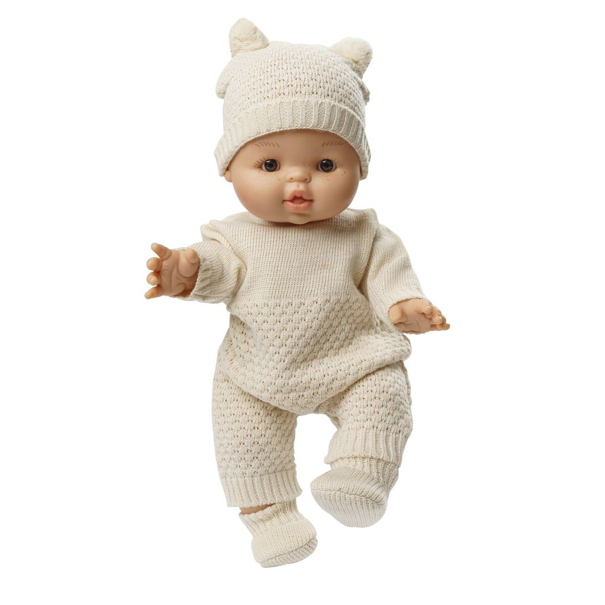 Heless Puppen-Strickset mit Bommelmütze und Strickschuhen aus 100 % Bio-Baumwolle, ecru, 2-teilig, Gr. 28-35 cm