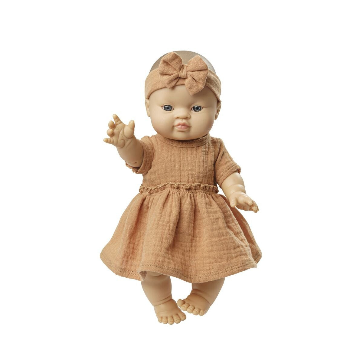 Heless Puppenkleid aus 100 % Bio-Baumwolle mit Rüschen und Haarband, karamell, 2-teilig, Gr. 35-45 cm