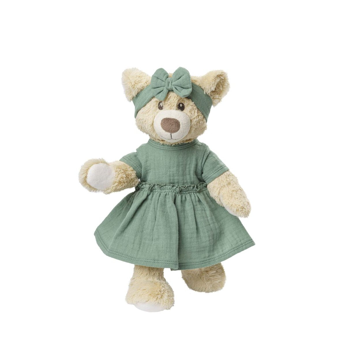 Heless Puppenkleid aus 100 % Bio-Baumwolle mit Rüschen und Haarband, salbeigrün, 2-teilig, Gr. 28-35 cm