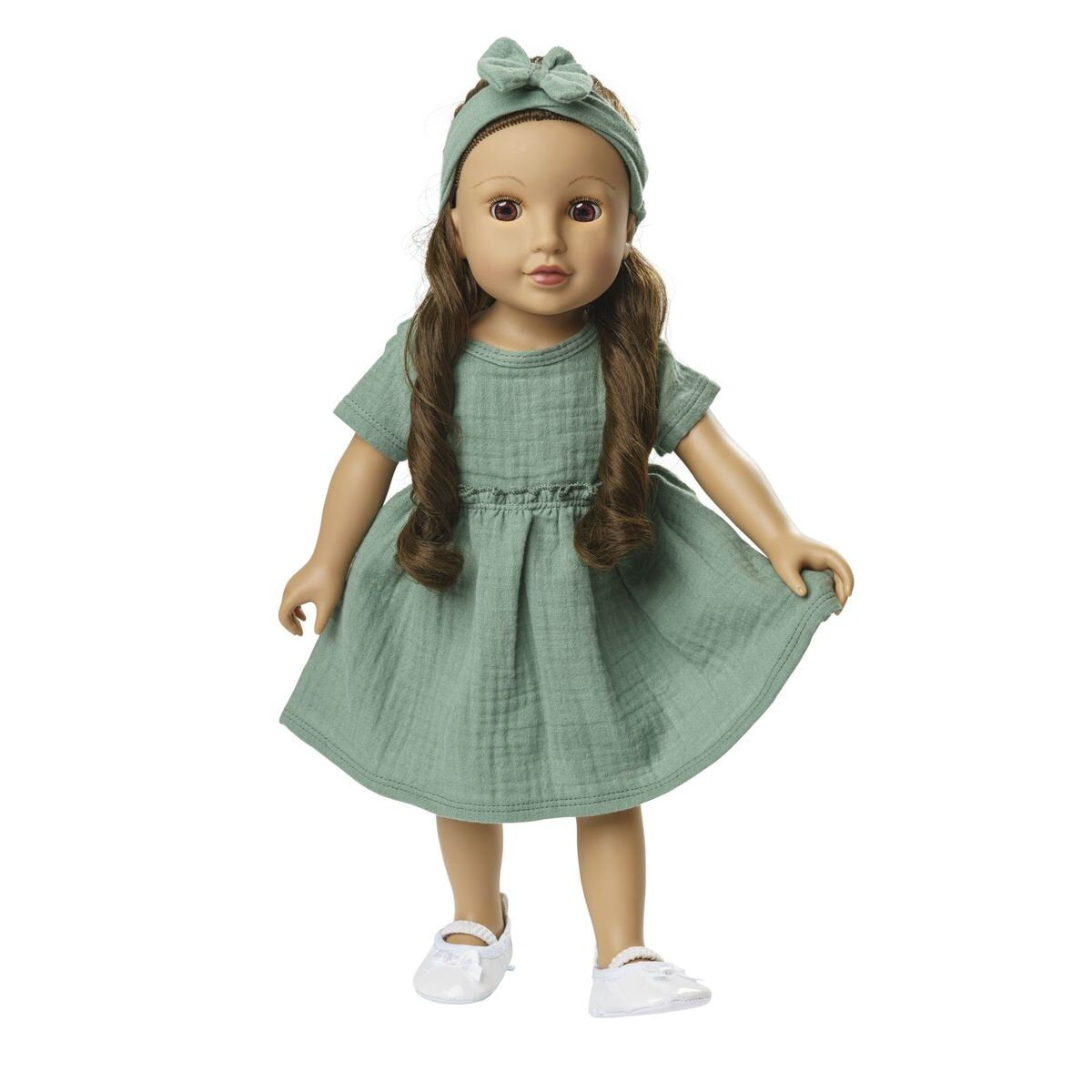 Heless Puppenkleid aus 100 % Bio-Baumwolle mit Rüschen und Haarband, salbeigrün, 2-teilig, Gr. 28-35 cm