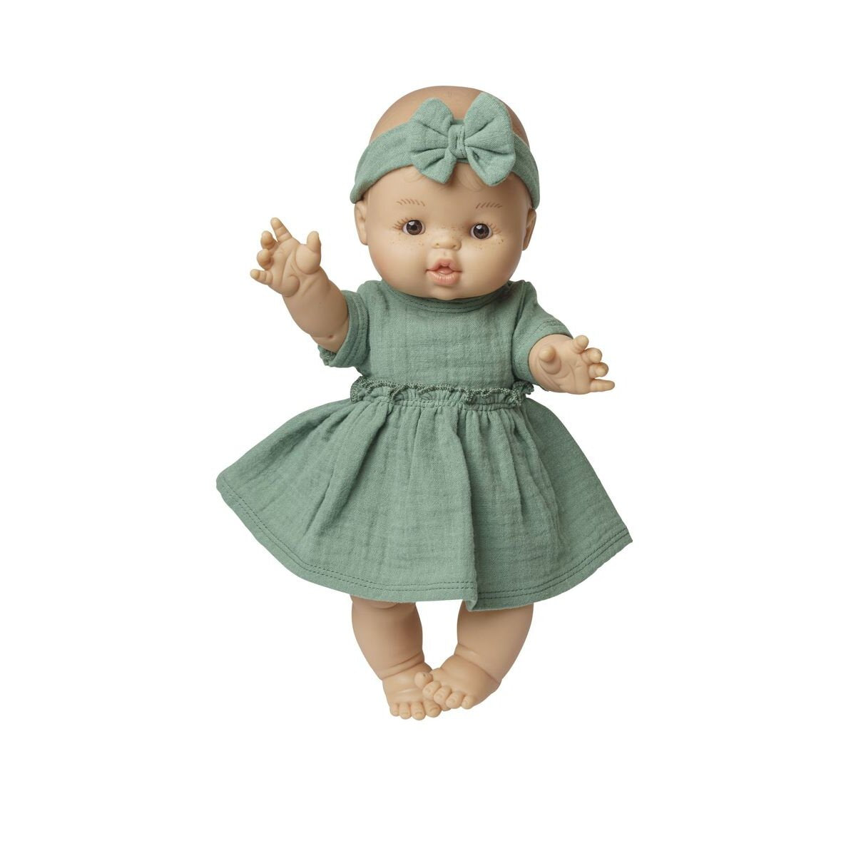 Heless Puppenkleid aus 100 % Bio-Baumwolle mit Rüschen und Haarband, salbeigrün, 2-teilig, Gr. 28-35 cm