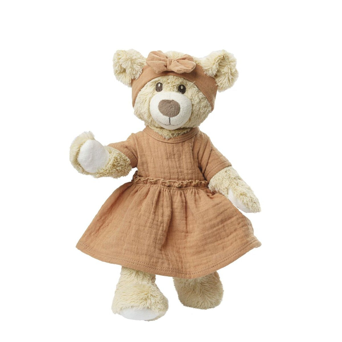 Heless Puppenkleid aus 100 % Bio-Baumwolle mit Rüschen und Haarband, karamell, 2-teilig, Gr. 28-35 cm