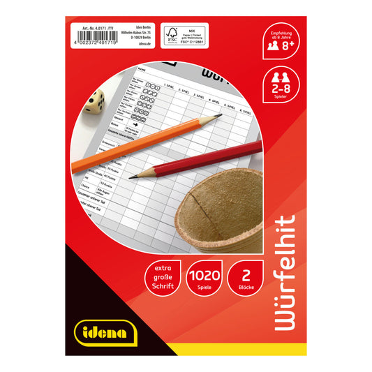 Idena Würfelhit FSC-Mix 2 Blöcke, groß Schrift für 1020 Spiele