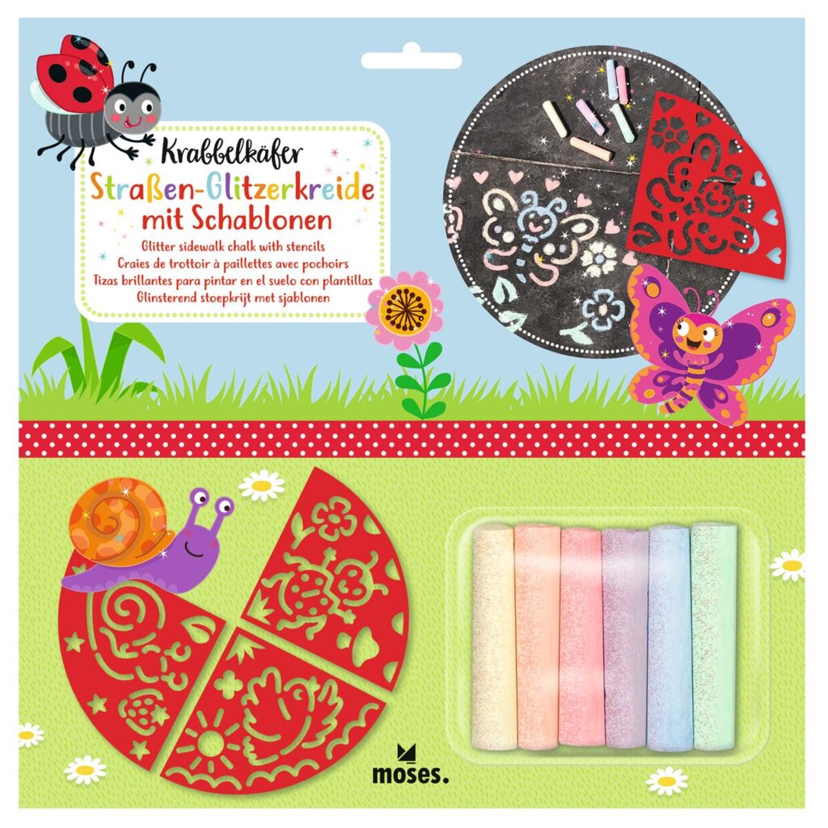 moses. Krabbelkäfer Straßen-Glitzerkreide mit Schablonen