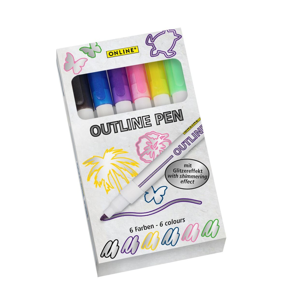 ONLINE Outline Pen silber mit farbigem Rand Glitzereffekt, 6er Set