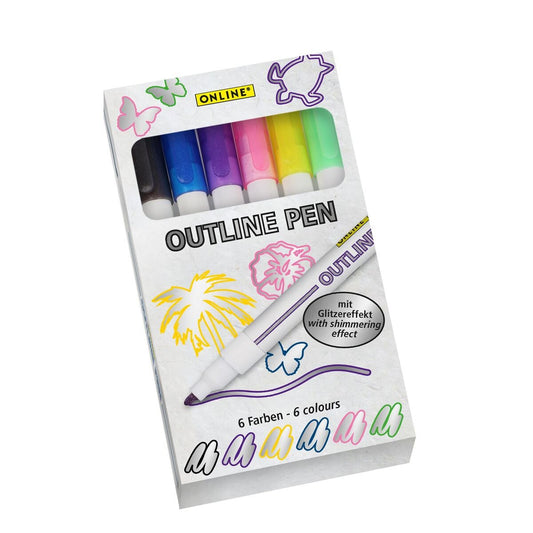 ONLINE Outline Pen silber mit farbigem Rand Glitzereffekt, 6er Set