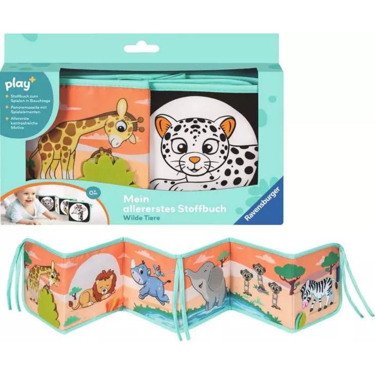 Ravensburger play+ Mein allererstes Stoffbuch (für die Bauchlage): Wilde Tiere (Leporello)