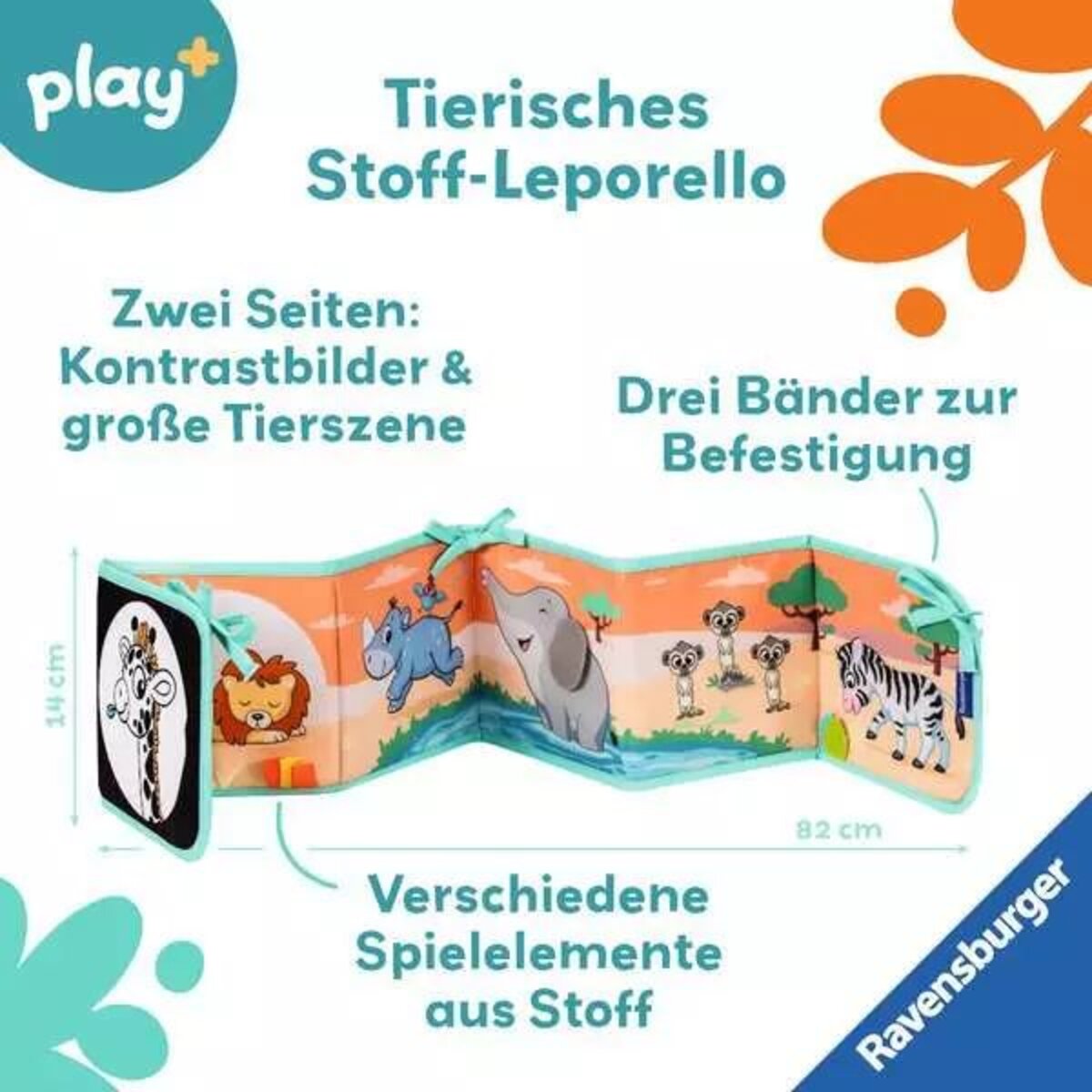 Ravensburger play+ Mein allererstes Stoffbuch (für die Bauchlage): Wilde Tiere (Leporello)
