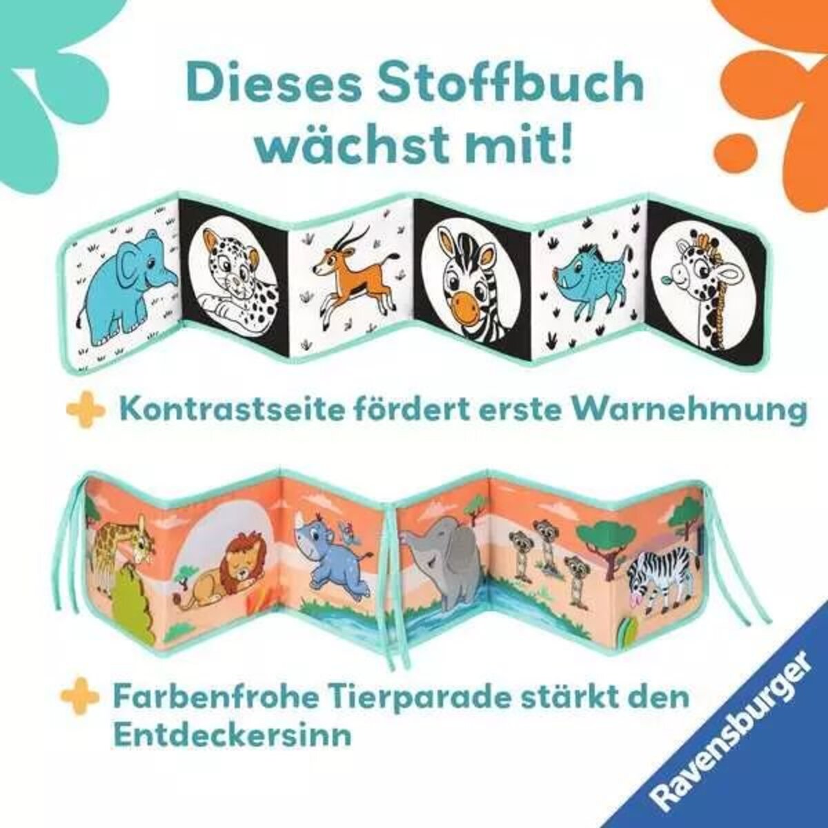 Ravensburger play+ Mein allererstes Stoffbuch (für die Bauchlage): Wilde Tiere (Leporello)