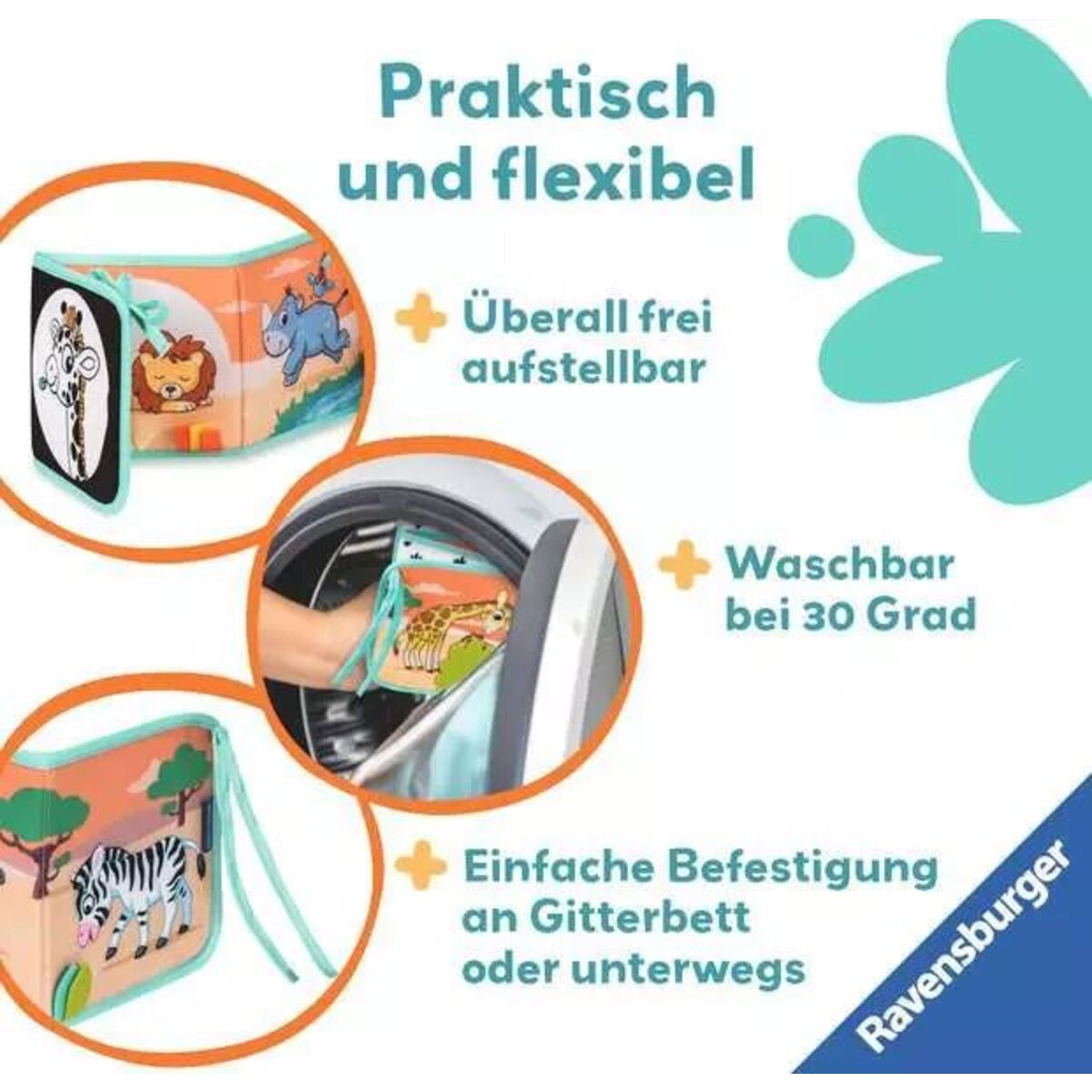 Ravensburger play+ Mein allererstes Stoffbuch (für die Bauchlage): Wilde Tiere (Leporello)