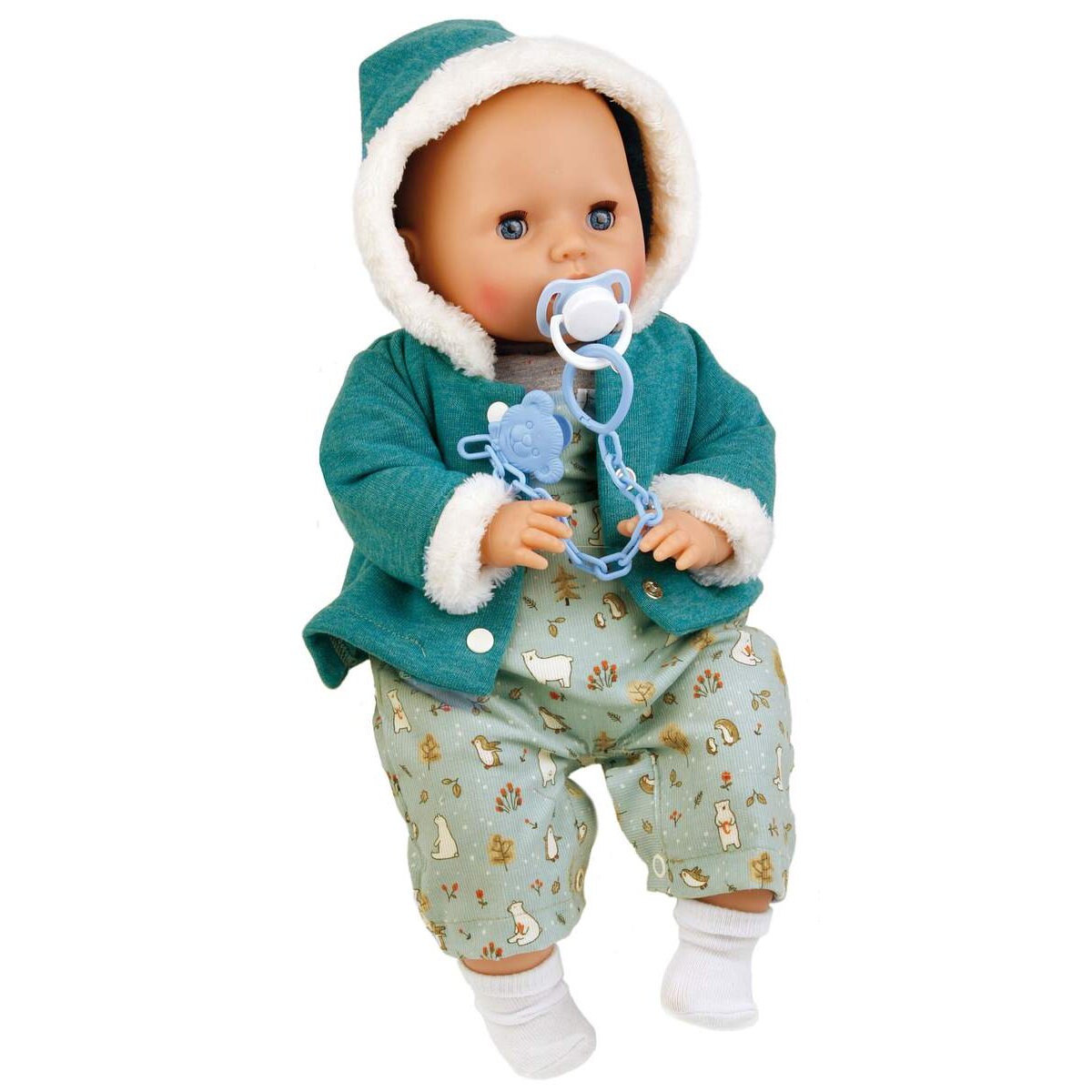 Schildkröt Puppe Baby Amy 45cm mit Schnuller und blauen Schlafaugen, Winterkleidung mint/weiss
