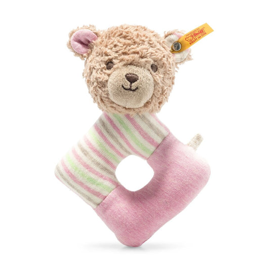 Steiff GOTS Rosy Teddybär Greifring mit Rassel braun / rosa, 15 cm